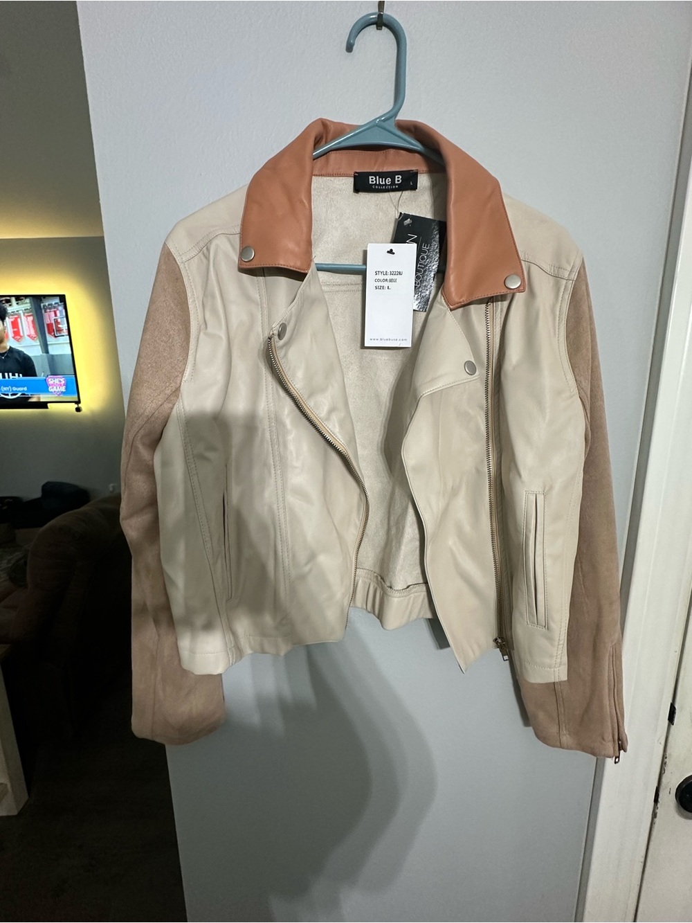 Blue B Two-Tone Cream & Tan Leather Moto Jacket
